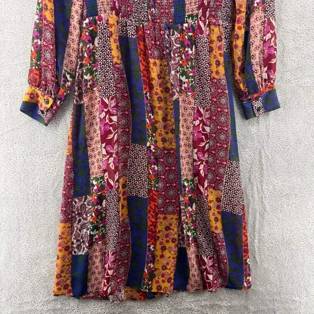 GILI Top Womens XXS Red Blue Patchwork Boho Sheer Button Up Midi Length Slit - Picture 9 of 16